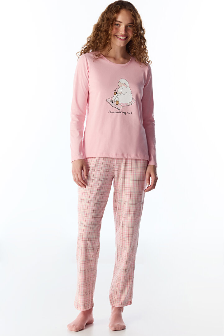 Pembe Rahat Kalp Uzun Kollu Pantolon Pijama Takımı - 1