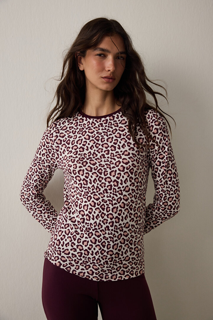 Bordo Leopar Desenli Bisiklet Yaka Uzun Kollu Pijama Üstü - 1