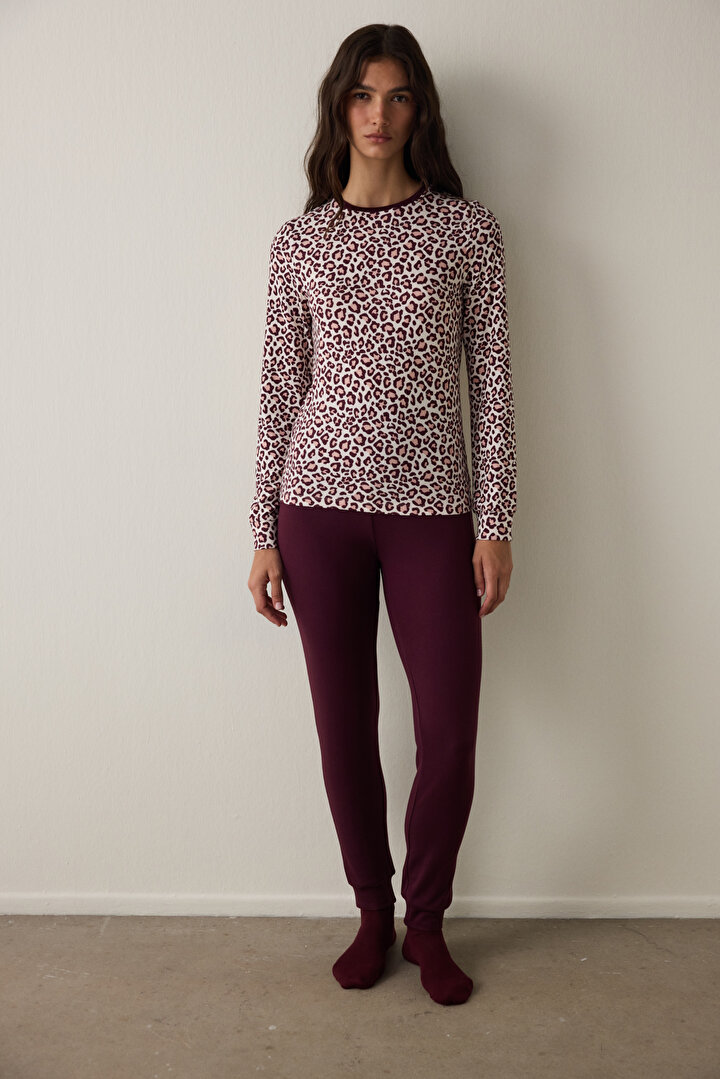 Bordo Leopar Desenli Bisiklet Yaka Uzun Kollu Pijama Üstü - 2