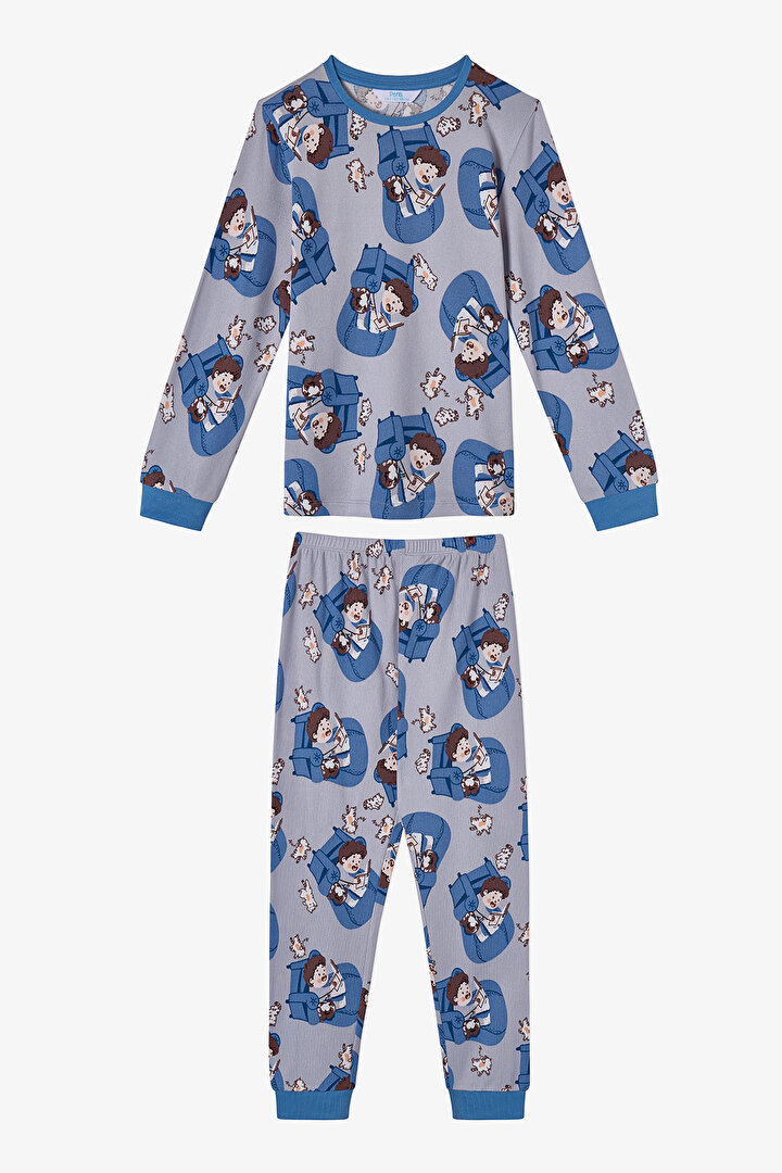 Boys' Light Grey Story Crew Long Sleeve Pyjama Set - 1
