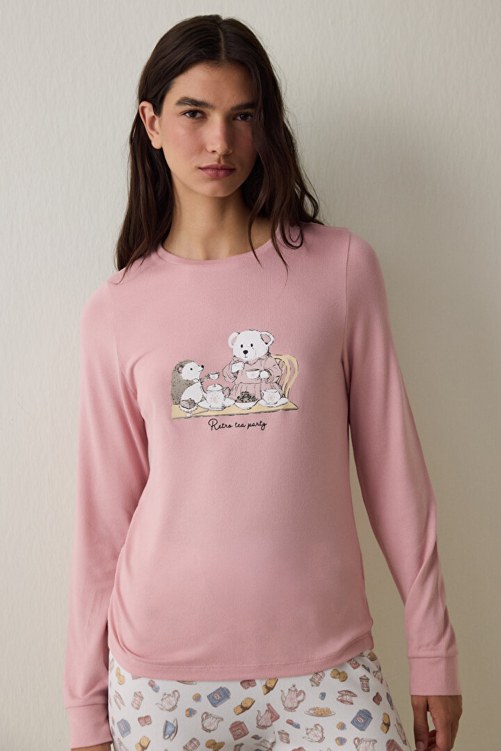 Pembe Tea Party İçecek Desenli Bisiklet Yaka Uzun Kollu Pijama Üstü - 1