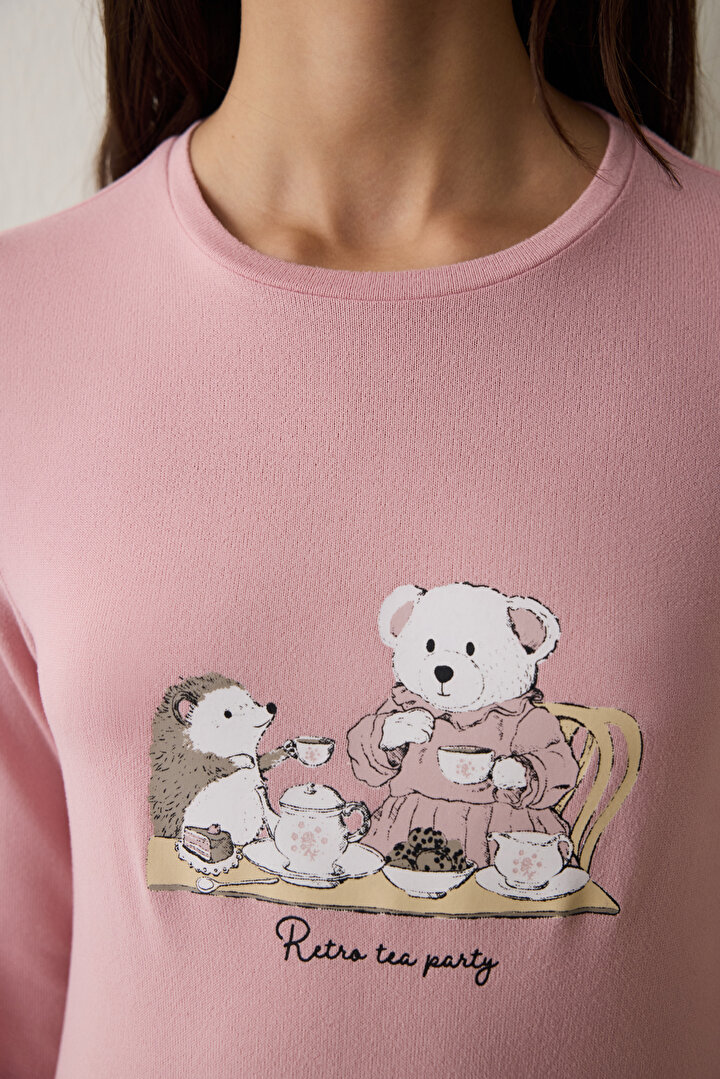 Pembe Tea Party İçecek Desenli Bisiklet Yaka Uzun Kollu Pijama Üstü - 2