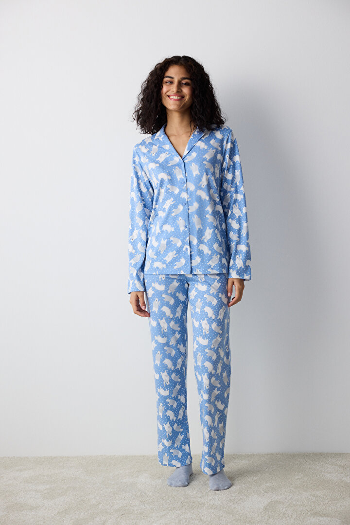 Winter Bear Blue Shirt Pant PJ Set - 1