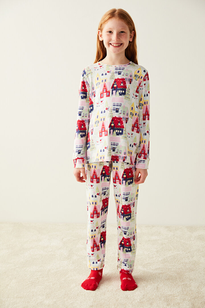 Kız Çocuk Ev Desenli Termal Pijama Takımı - 1