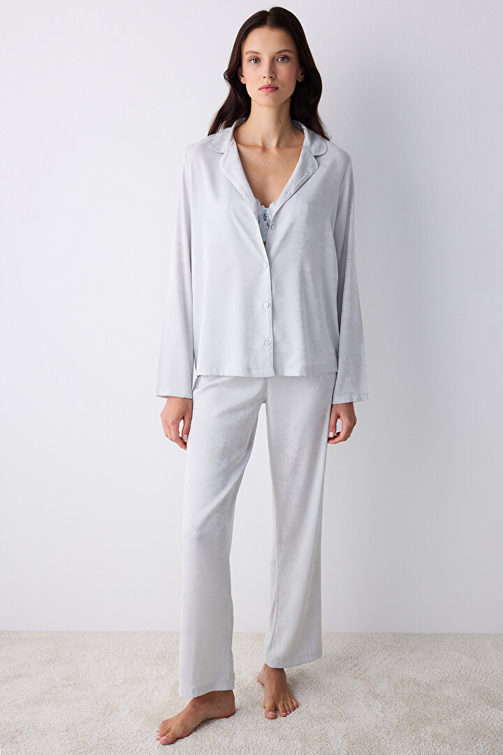 Aura Satin Grey Shirt Pant PJ Set - 1