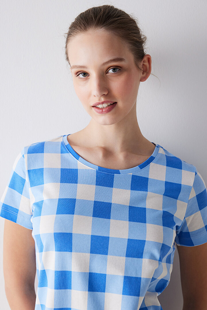 Blue Gingham Şortlu Pijama Takımı - 2