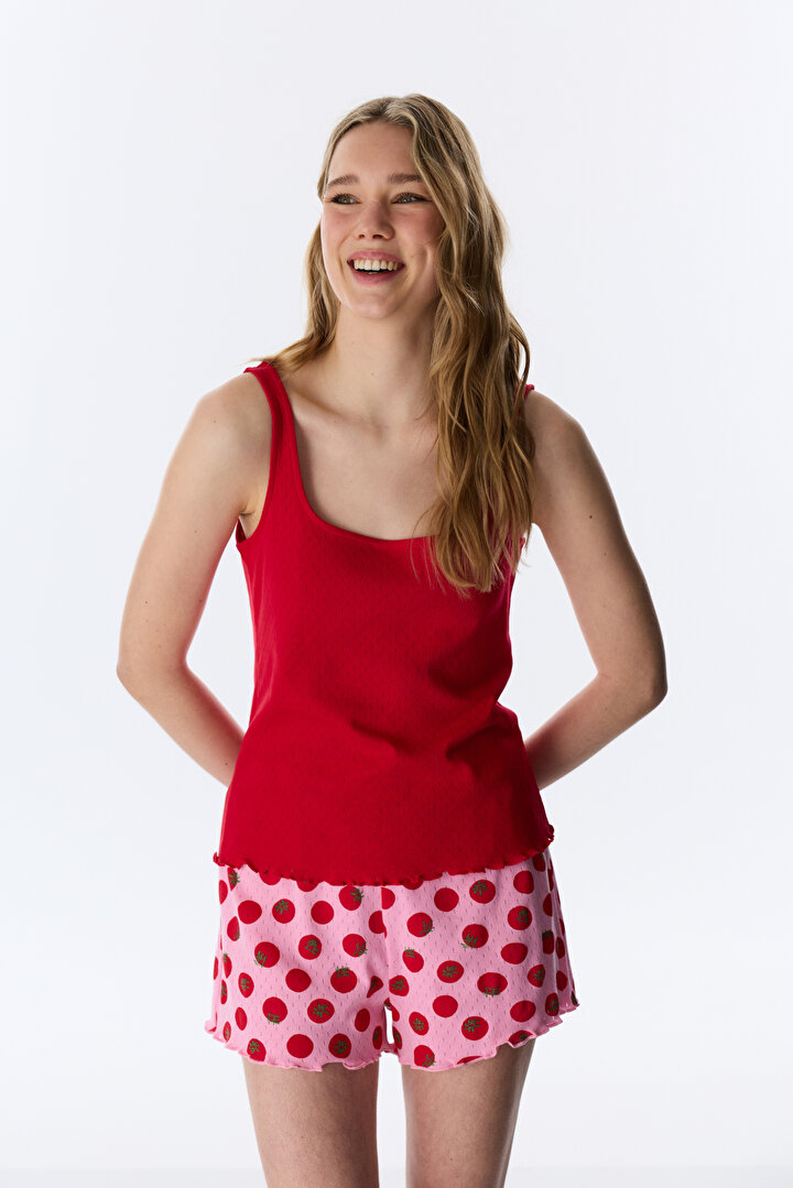 Kırmızı Camille Pointel Pamuklu Şortlu Pijama Takımı - 1