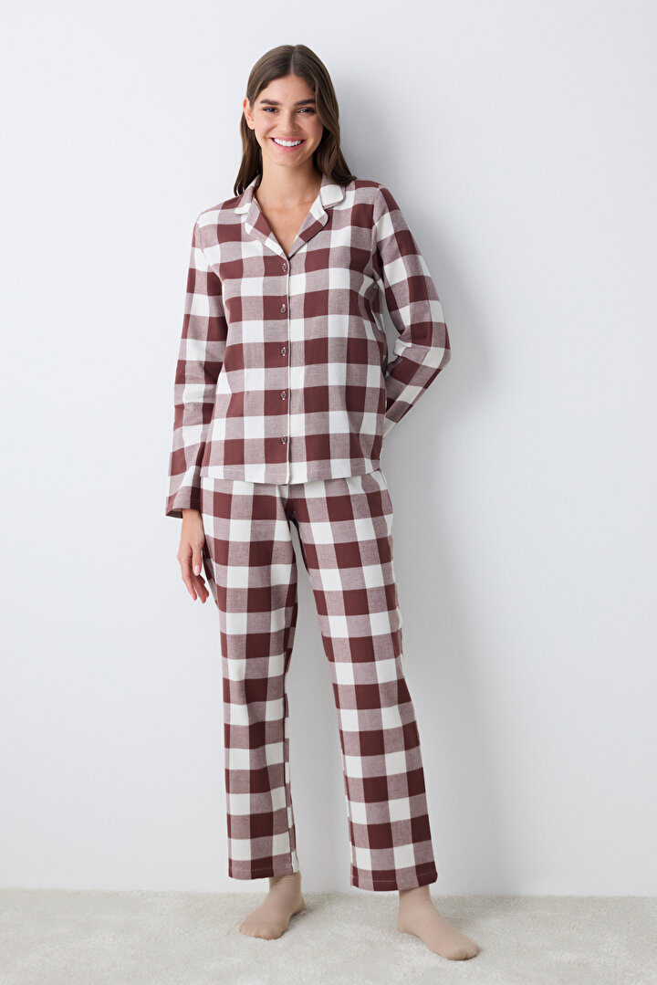 Pamuklu Brown Gingham Kahverengi Gömlek Pantolon Pijama Takımı - 1