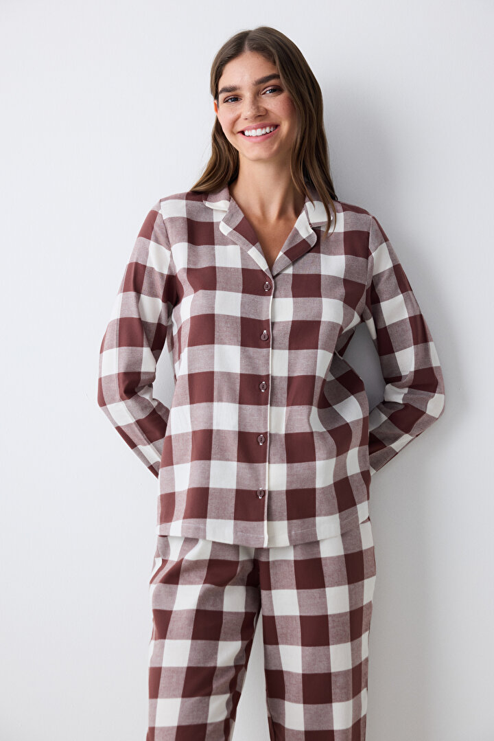 Pamuklu Brown Gingham Kahverengi Gömlek Pantolon Pijama Takımı - 2