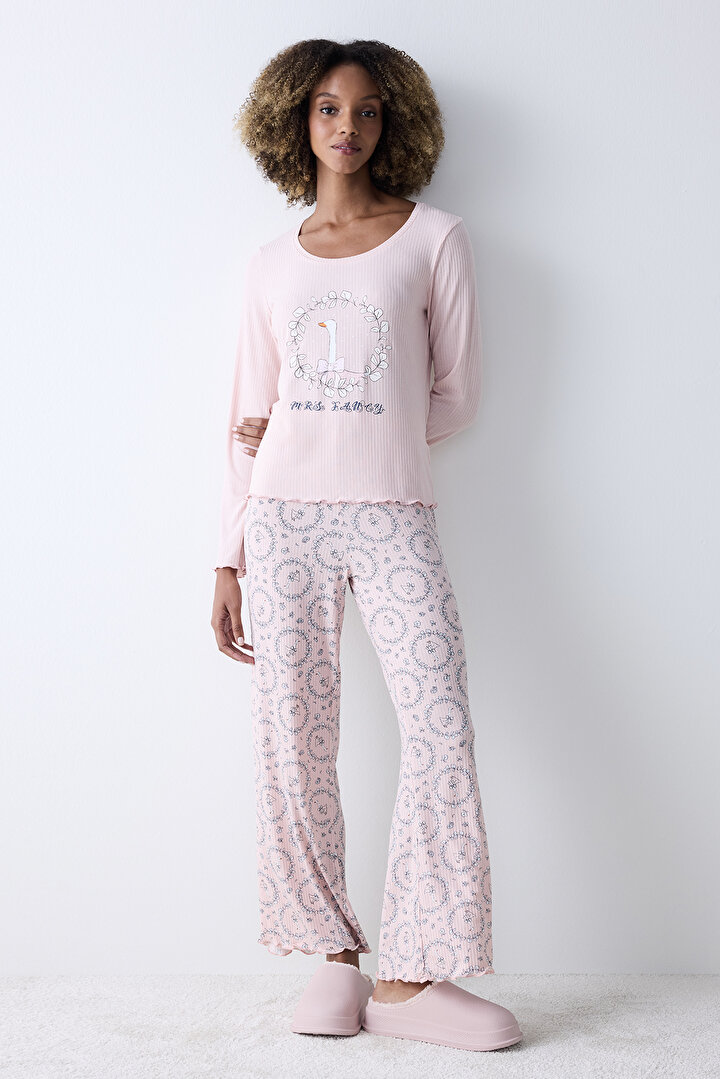 Dreamy Printed Gül Kurusu Pembe Pantolon Pijama Altı Takımı - 1