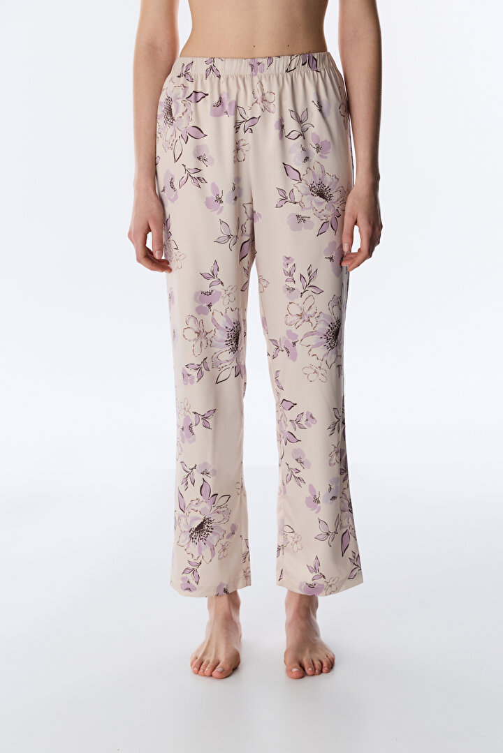 Pastel Bej Petal Saten Pantolon Pijama Altı - 1