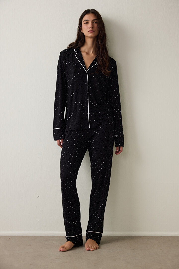 Black Polka Dot Patterned Long Sleeve Shirt Pajama Set - 1