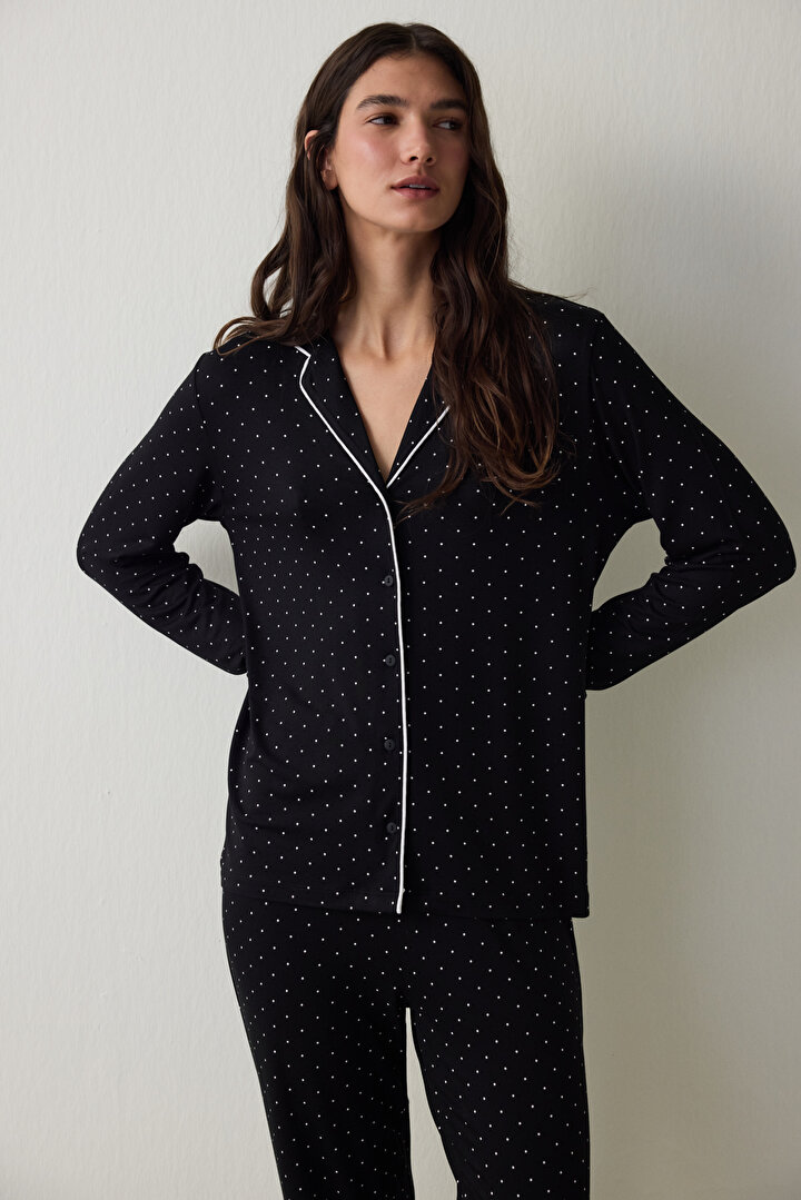 Black Polka Dot Patterned Long Sleeve Shirt Pajama Set - 2