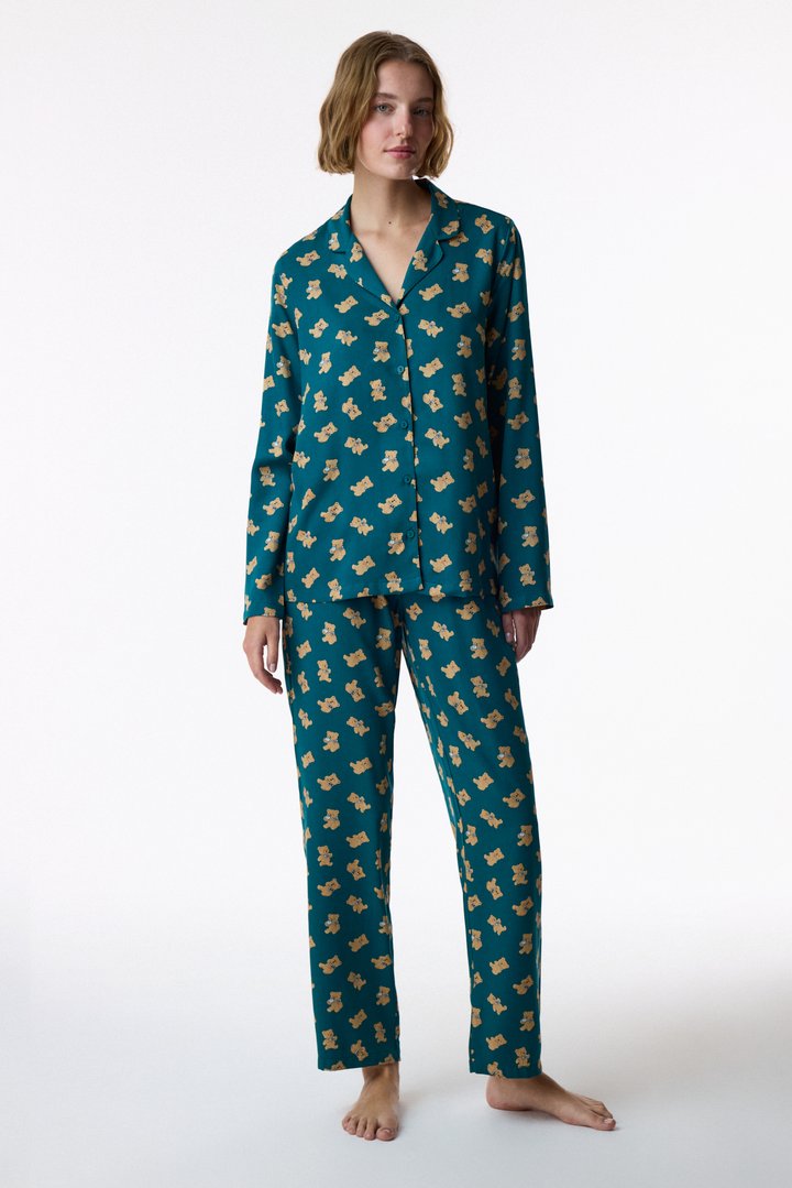 Green Happy Bear Long Sleeve Shirt & Trouser Pyjama Set - 1