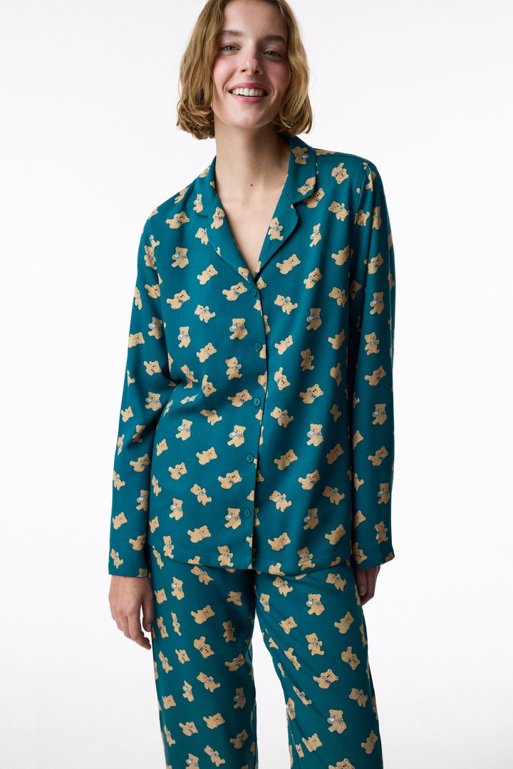 Green Happy Bear Long Sleeve Shirt & Trouser Pyjama Set - 2