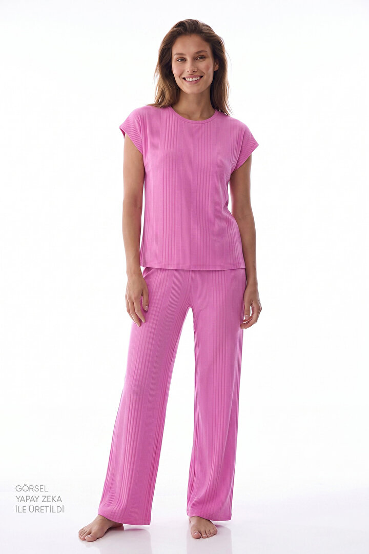 Lila Flora Kısa Kollu Pantolon Pijama Takımı - 2