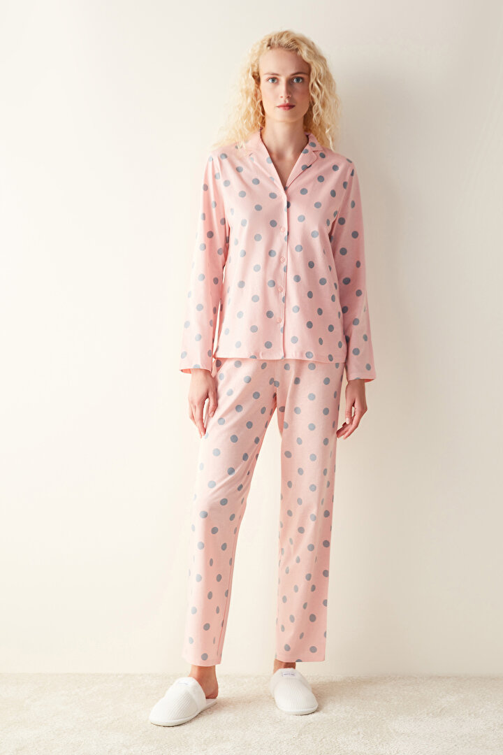 Puantiye Desenli Uzun Kollu Pembe Pijama Takımı - 1