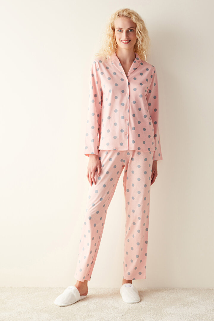 Puantiye Desenli Uzun Kollu Pembe Pijama Takımı - 2