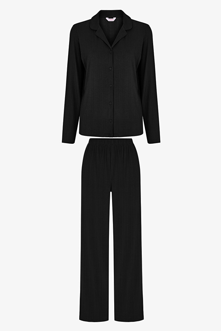 Black Quinn Rib Long Sleeve Shirt & Trouser Pyjama Set - 1