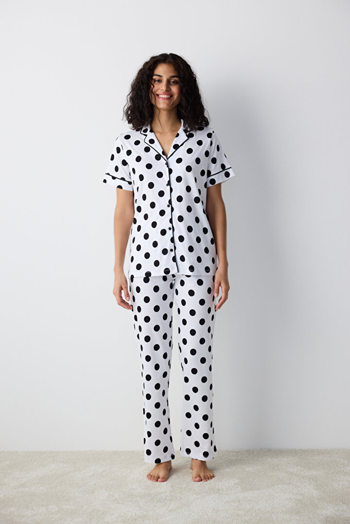 Black Dotted Shirt Pant PJ Set - 2