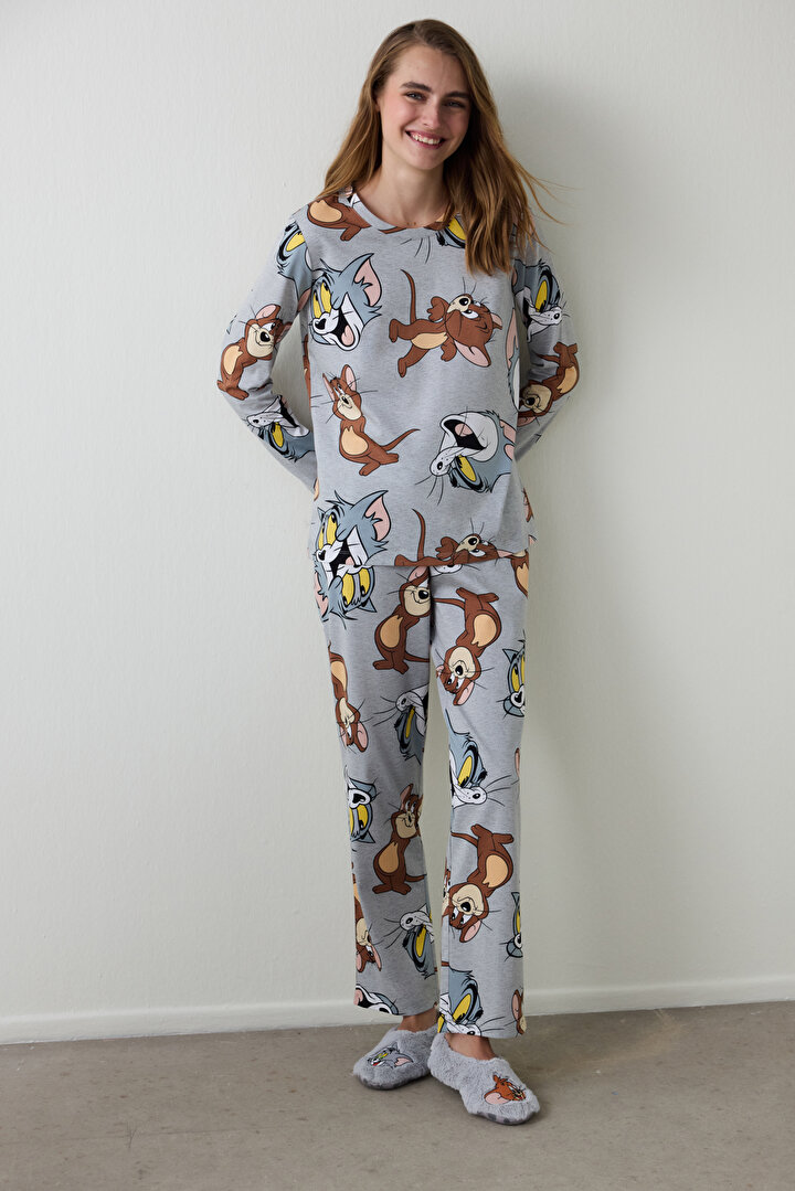 Gri Melanj Friends Baskılı Bisiklet Yaka Uzun Kollu Pijama Takımı - 1