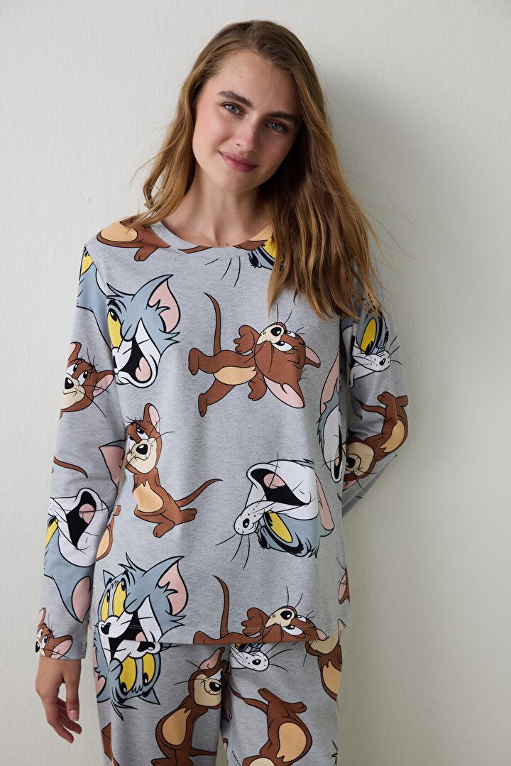 Gri Melanj Friends Baskılı Bisiklet Yaka Uzun Kollu Pijama Takımı - 2