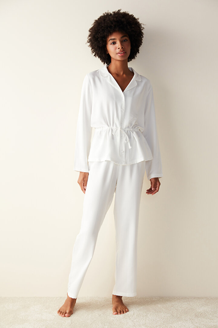 Gömlek Pantolon Beyaz Pijama Takımı-Gelin Koleksiyonu - 1