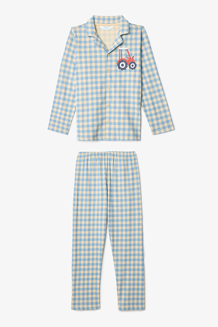 Bej Erkek Çocuk Ekoseli Düğmeli Gömlekli Pijama Takımı - 1