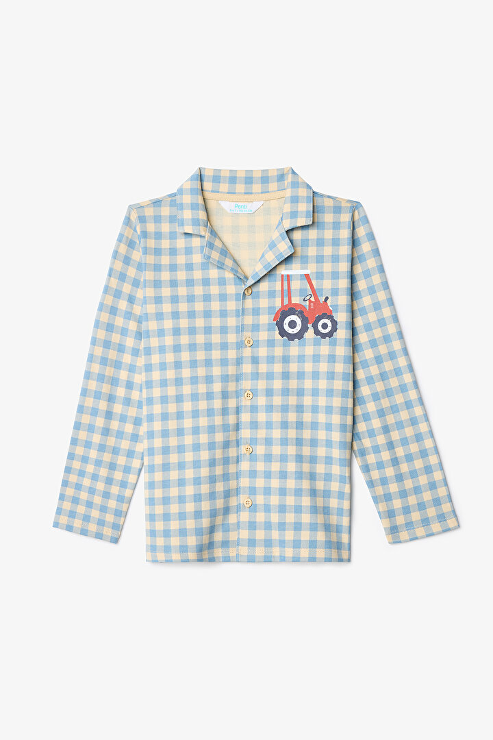 Bej Erkek Çocuk Ekoseli Düğmeli Gömlekli Pijama Takımı - 2