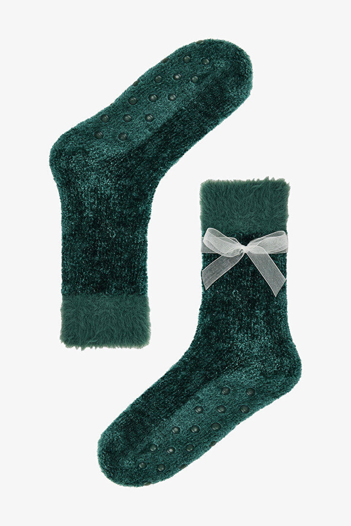 Koyu Yeşil Joyous Yılbaşı Temalı Kadife Ev Patiği - 1