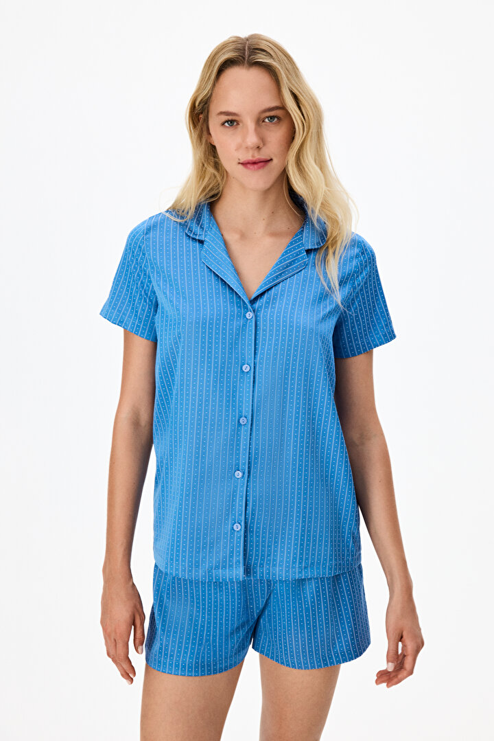Mavi Skyline Saten Kısa Kollu Gömlek Şort Pijama Takımı - 2