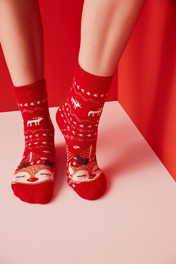 Kırmızı Yeni Yıl Konseptli Soket Çorap - 1