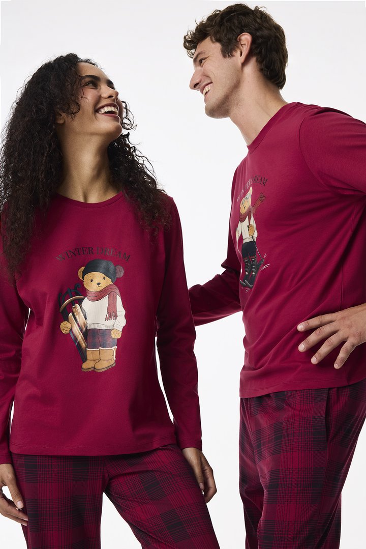 Bordo Winter Dream Ayı Desenli Pamuklu Uzun Kollu Pantolon Pijama Takımı - 1