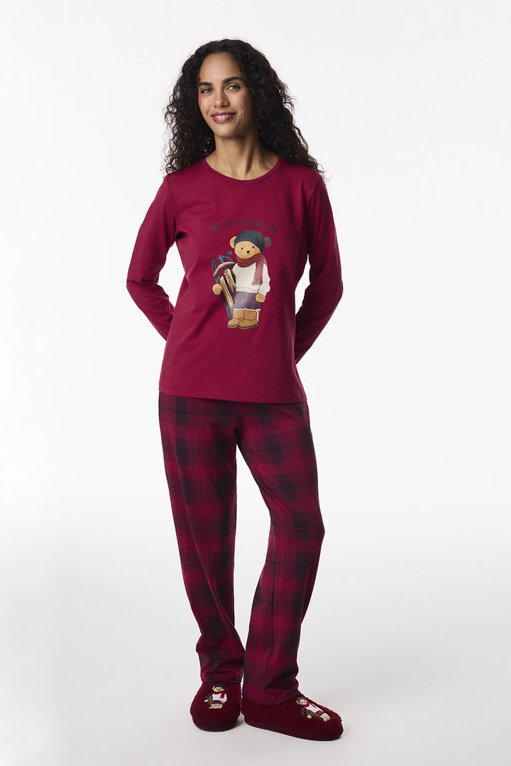 Bordo Winter Dream Ayı Desenli Pamuklu Uzun Kollu Pantolon Pijama Takımı - 2