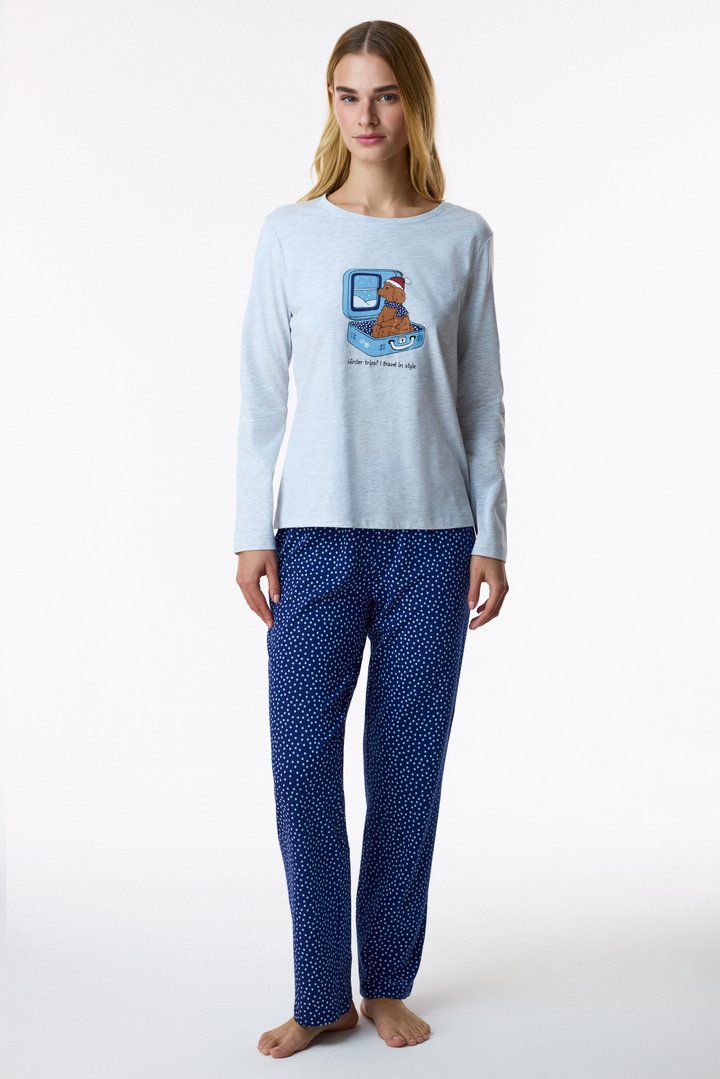Grey Melange Winter Trip Christmas Print Long Sleeve Pyjama Set with Trousers - 2