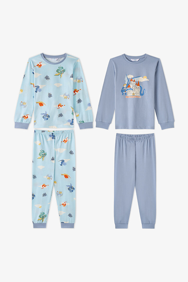 Boys' Blue Mini Dragon Riders Long Sleeve 2 Pack Pyjama Set - 1
