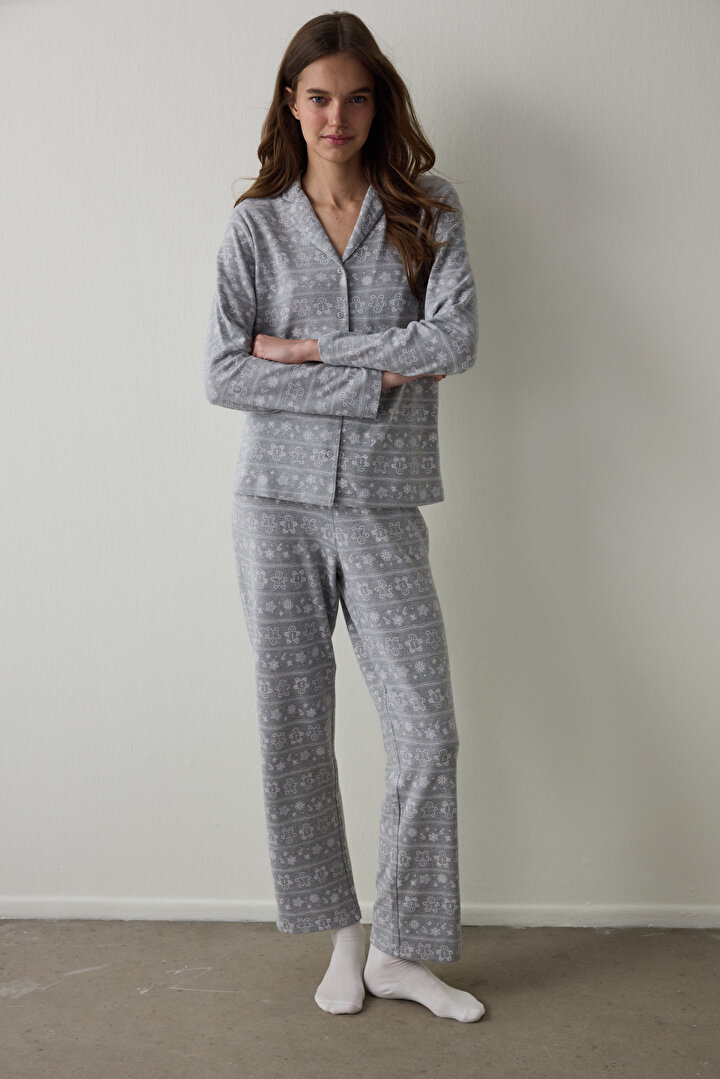 Grey Melange Gingerbread Shirt Collar Thermal Effect Pajama Set - 1