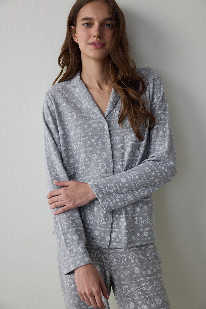 Grey Melange Gingerbread Shirt Collar Thermal Effect Pajama Set - 2