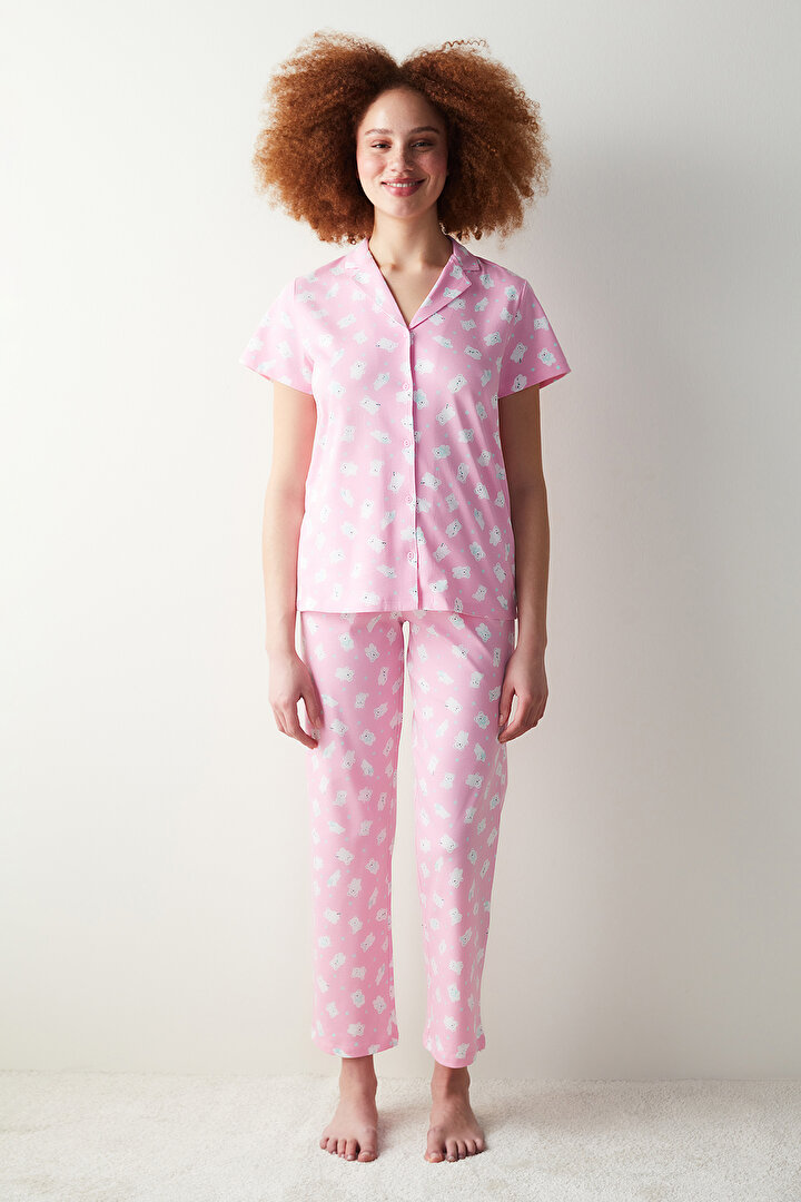 Cuteness Printed Pembe Gömlek Pantolon Pijama Takımı - 1
