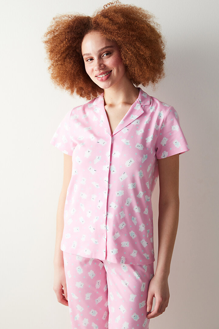 Cuteness Printed Pembe Gömlek Pantolon Pijama Takımı - 2