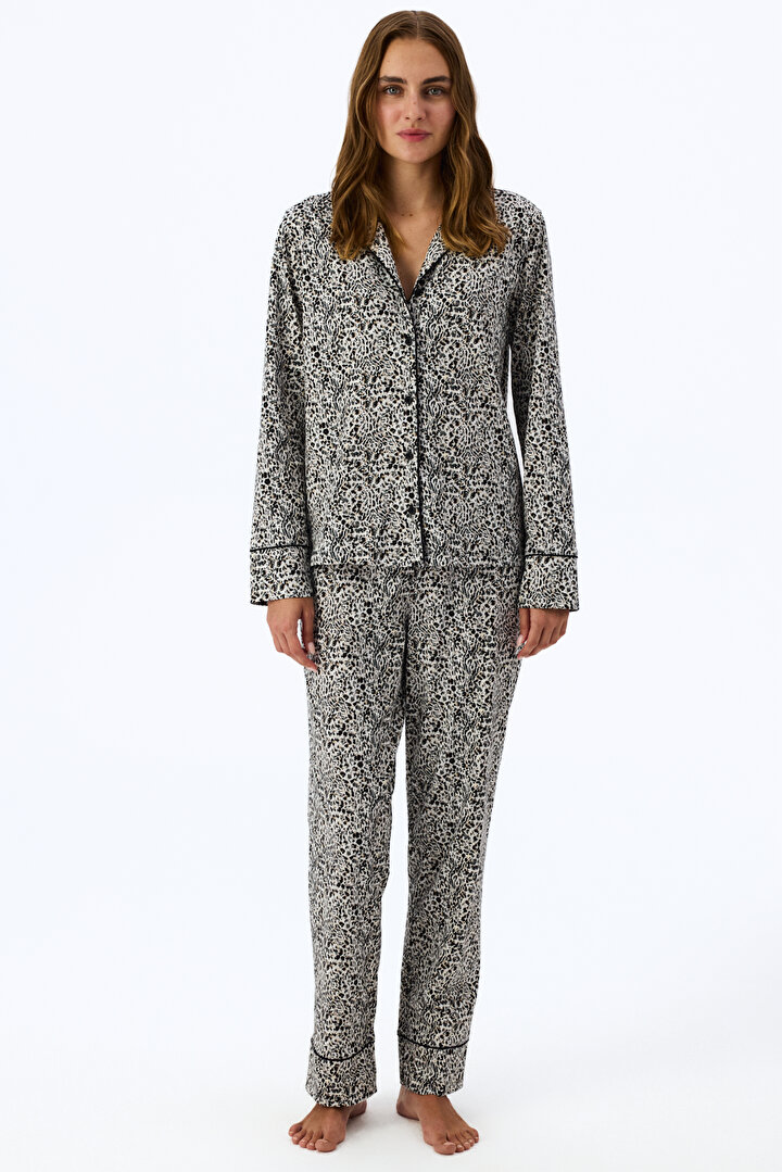 Ekru Noir Garden Leopar Desenli Uzun Kollu Gömlek Pantolon Pijama Takımı - 1