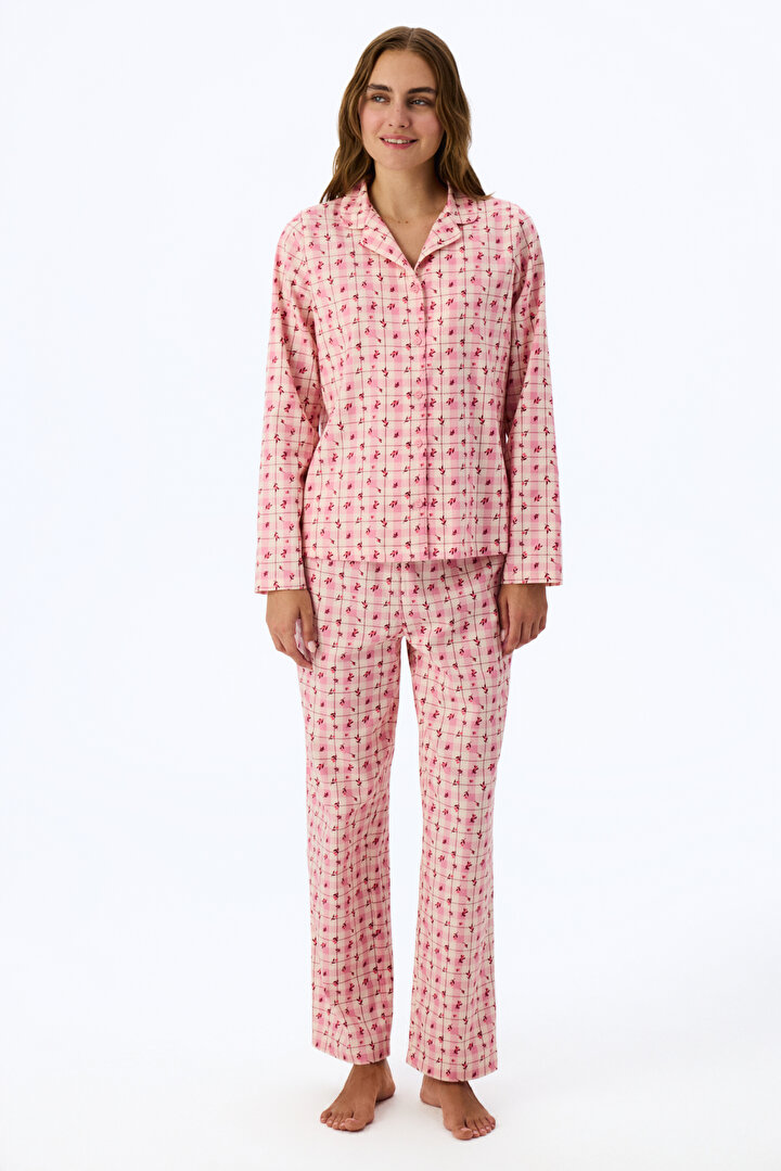 Açık Pembe Floral Garden Ekoseli Uzun Kollu Gömlek Pantolon Pijama Takımı - 1