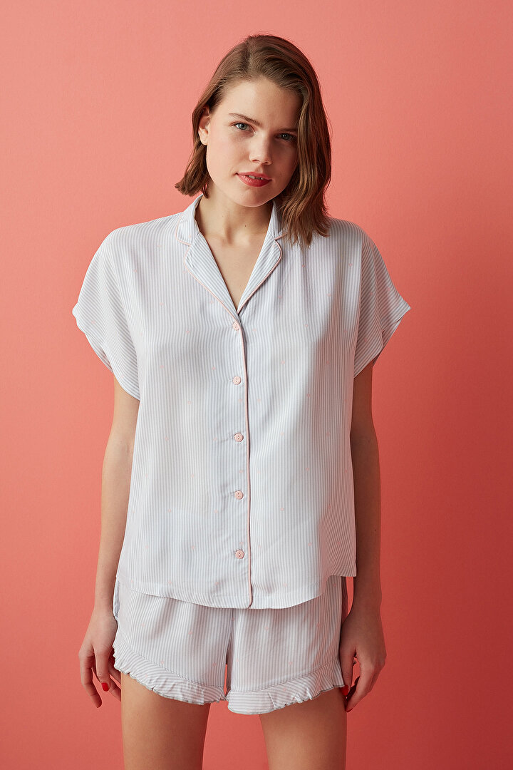 Gr Lt.Grey Love Me Stripes Shirt Short Set - 2