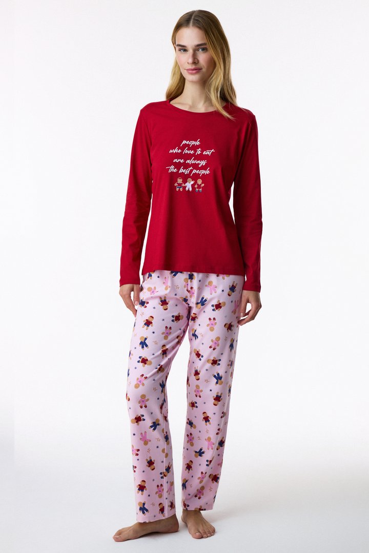 Red Gingerbread Christmas Print Long Sleeve Pyjama Set with Trousers - 1