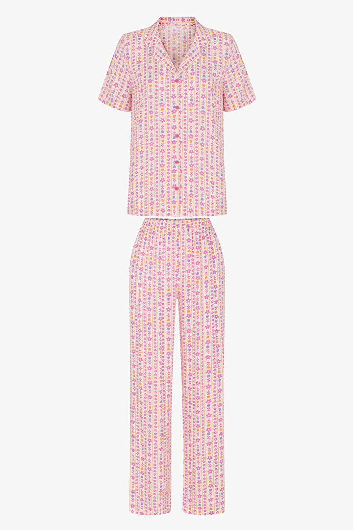 Flora Çiçekli Kısa Kollu Gömlek Pantolon Pijama Takımı - 1