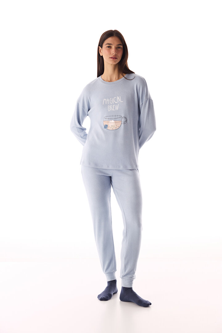 Açık Mavi Magic Soft Termal Etkili Uzun Kollu Pijama Takımı - 1