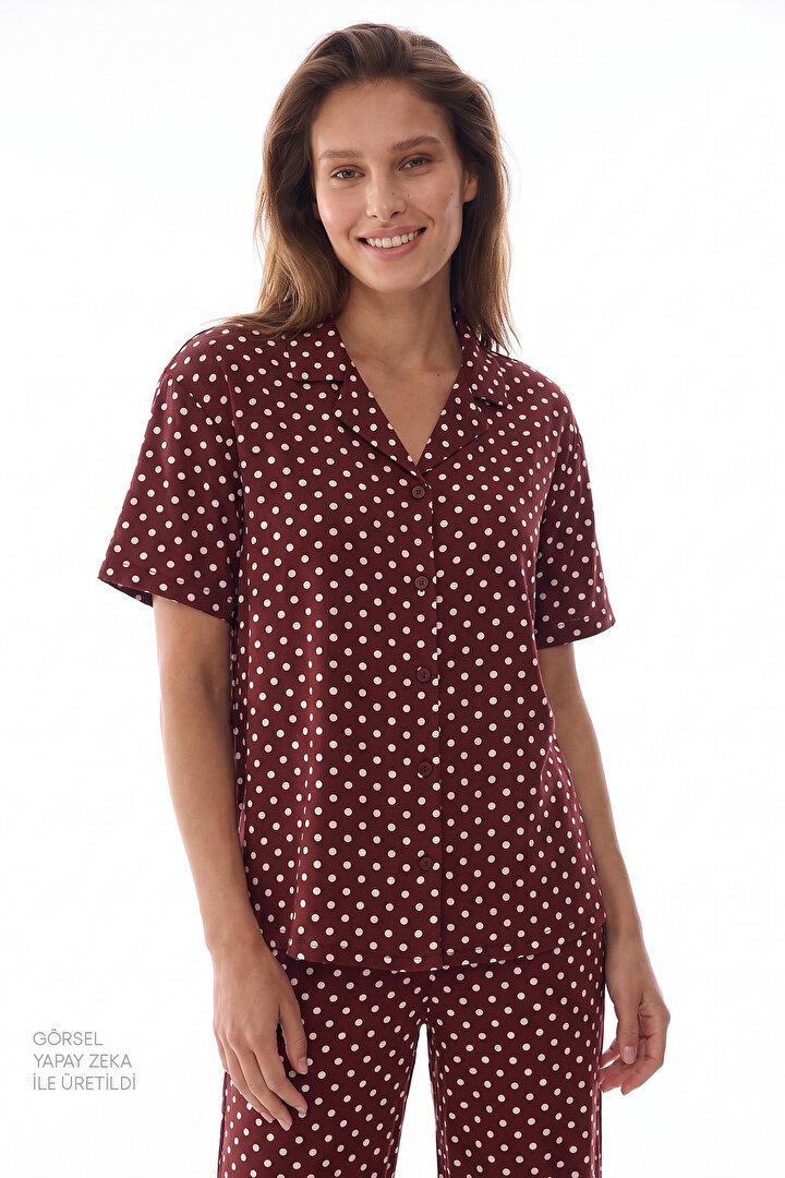 Kahverengi Polka Dots Gömlek Pantolon Pijama Takımı - 1