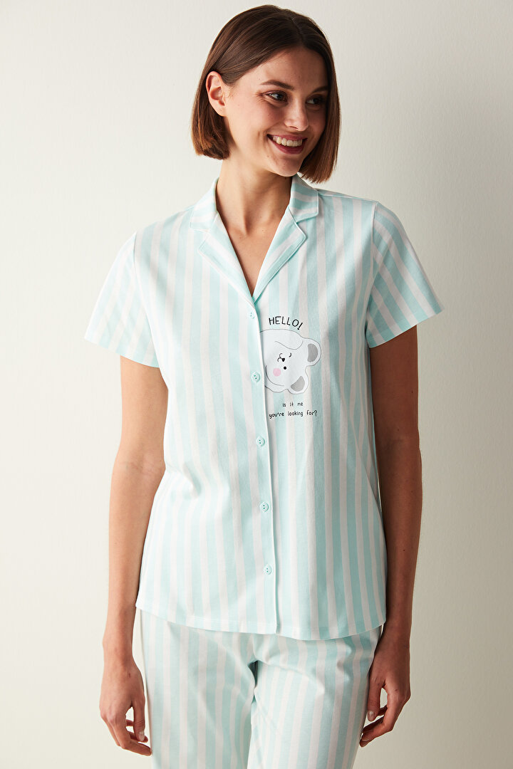 Cuteness Çizgili Mint Yeşili Gömlek Pantolon Pijama Takımı - 2