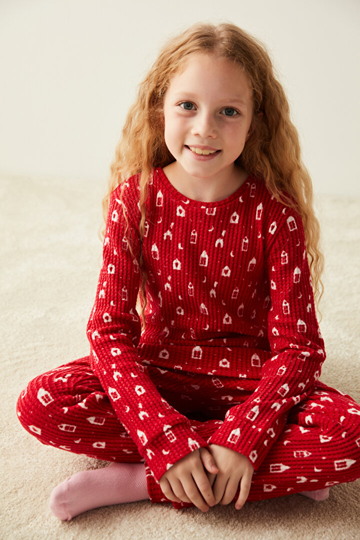 Kırmızı Kız Çocuk Ev Desenli Pijama Takımı - 1