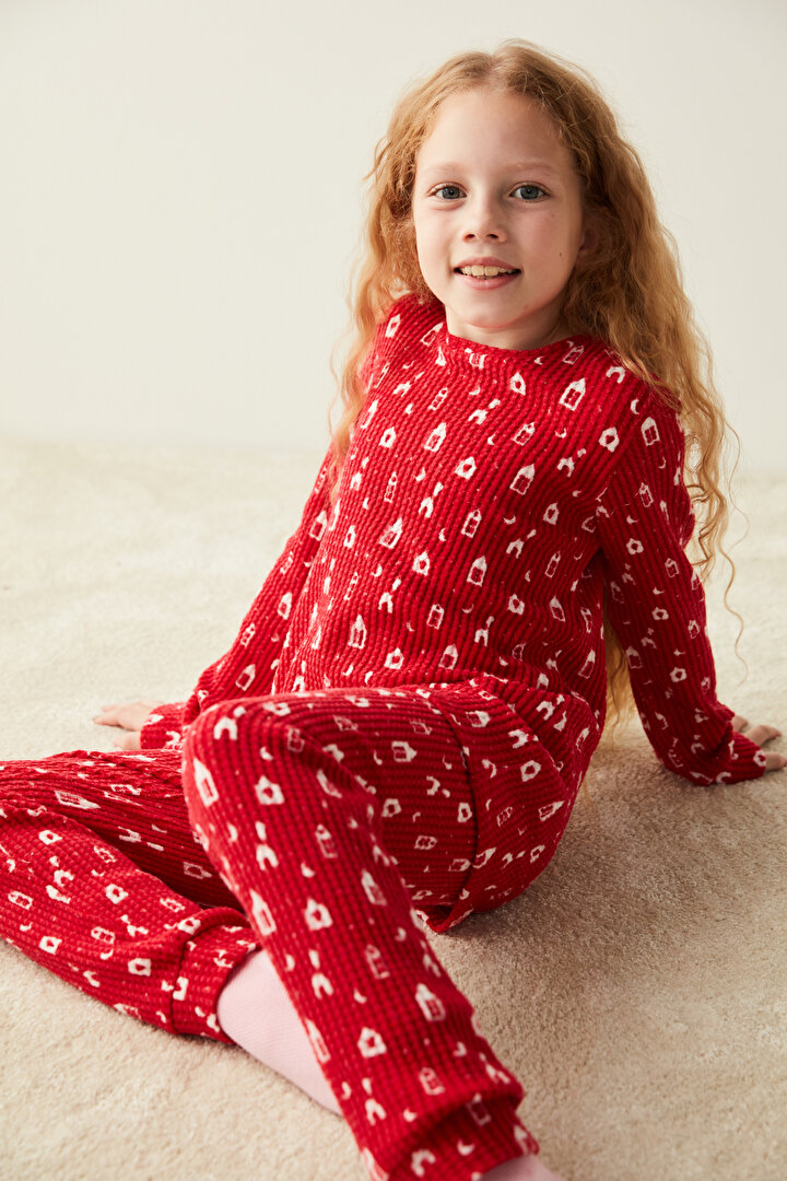 Kırmızı Kız Çocuk Ev Desenli Pijama Takımı - 2